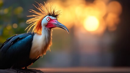 Obraz premium Bird with a long beak and a red head is standing on a rock. The bird is looking at the camera