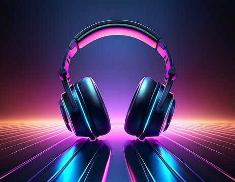 black headphones on reflective surface with neon lighting ai image