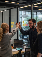 A high-five between a diverse group of people in an office, with sticky notes on the glass wall behind them. Close-up shot, natural lighting, 