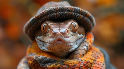 Snake wearing hat in autumnal forest