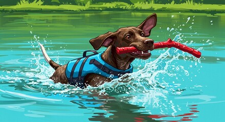 Happy Dog Swimming in Lake with Toy Summer Fun