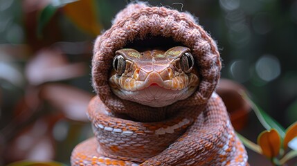 Snake in Knitted Hat and Scarf in Nature