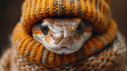 Close-up of snake wearing orange knitted hat and scarf.  Autumnal animal portrait