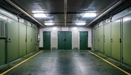 Obraz premium interior of a nuclear fallout shelter featuring robust metal doors located several levels below ground in a vast parking area
