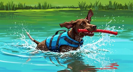 Happy Dog Swimming with Toy Summer Fun Lake Pet