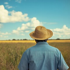 Obraz premium Farmer wearing straw hat in field