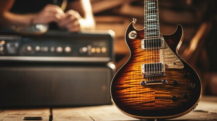 Naklejka premium Electric guitar, amplifier in a workshop