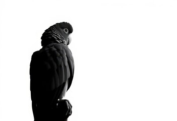 Elegant grey parrot silhouette against a clean white background, graphic, monochrome