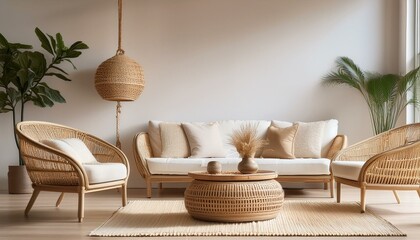 cozy living space with light couches and wicker furniture