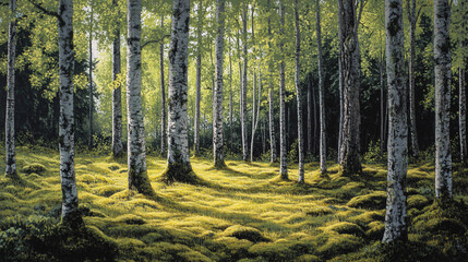 Obraz premium A breathtaking view of a lush green forest with sunlight filtering through the trees.