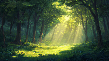 Obraz premium A breathtaking view of a lush green forest with sunlight filtering through the trees.