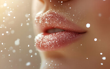 Fototapeta premium Close-up of shimmering, glittering lips against a soft, dreamy background, capturing beauty and elegance.
