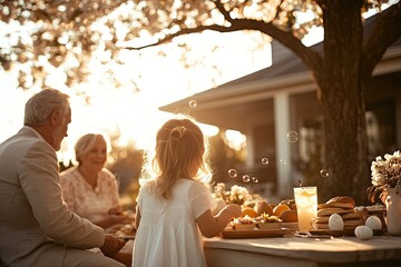 family gathering in blooming backyard garden setting up easter picnic with spread of fresh fruit sandwiches and lemonade