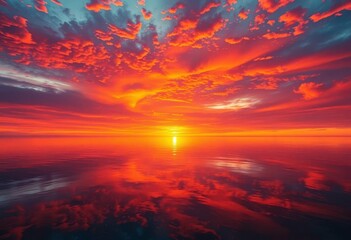 Fiery sunset paints desert sky, reflecting on calm ocean water, sky,  arid