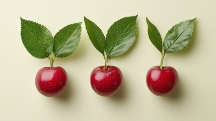 Obraz premium Three ripe cherries each with two fresh green leaves are shown