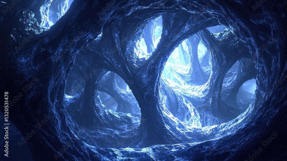 Poster a deep cavern with interconnected tunnels and bright openings above