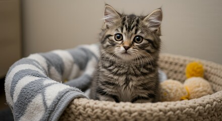 Adorable Fluffy Kitten in Cozy Basket with Toys