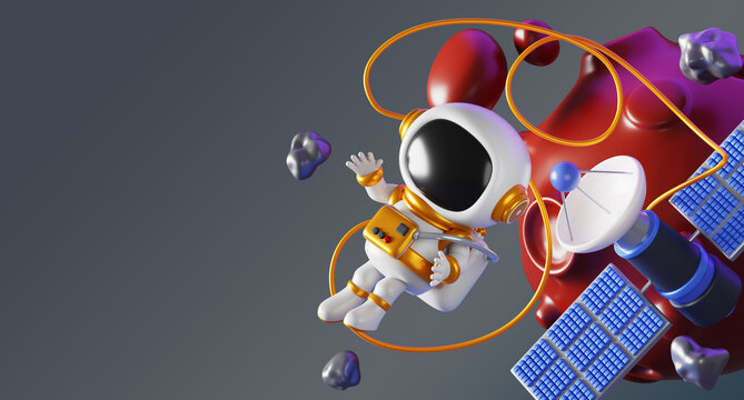 3d cute astronaut in outer space. Cartoon render of cosmonaut in suit and helmet flying in weightlessness, exploring alien planets among stone asteroids and artificial earth satellite. 3D illustration