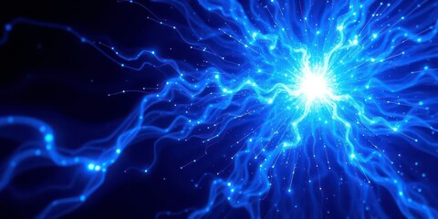 Glowing blue fractal energy bursts, dynamic light streaks, vibrant abstract motion, radiating, energy