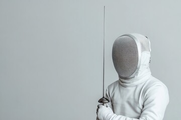 fencer captured in moment before bout adjusting their grip on épée white uniform clean and crisp against neutral gray