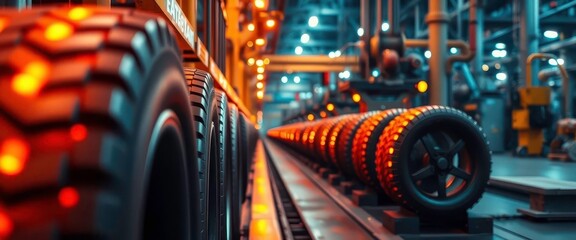 Fototapeta premium Glowing tires on factory production line, intense orange light, industrial machinery, close up, texture