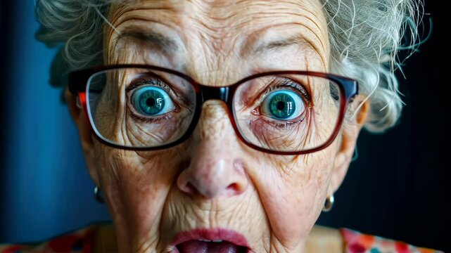An elderly woman with glasses shows a shocked expression while using a laptop in a dimly lit room.