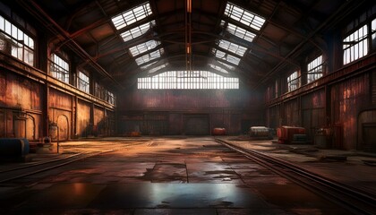 Naklejka premium dark rusted industrial interior of an old hangar building professional photo