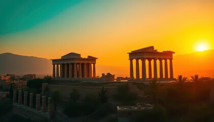 Fototapeta premium Golden hour bathes ancient temple, serene landscape unfolds below, majestic, majestic