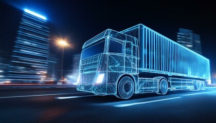 wireframe truck travels on city street at night