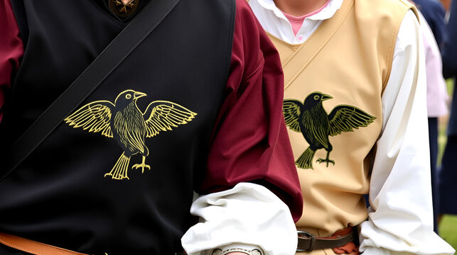 Tewkesbury, UK-July 17, 2015: Raven insignia on jerkin costume of two reenactors on 17 July 2015 at Tewkesbury Medieval Festival