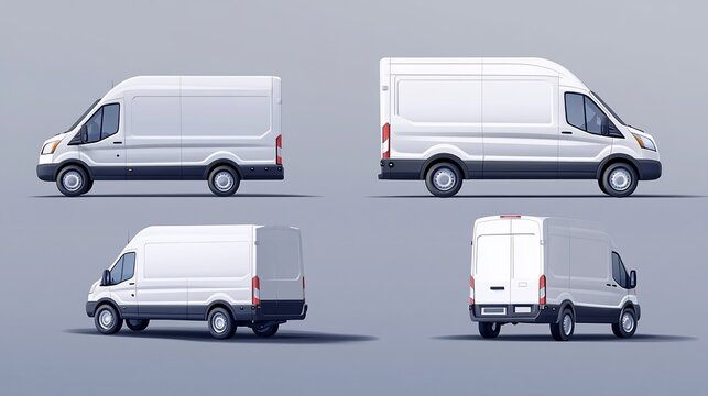 Four views of a blank white delivery van against a plain gray background