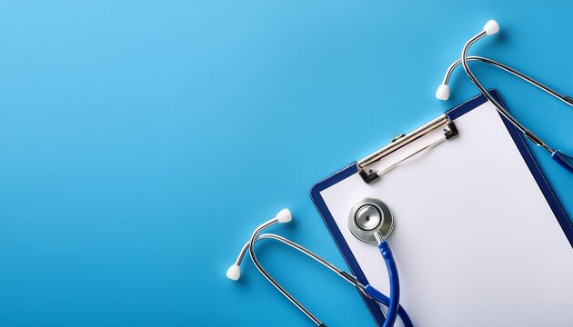 Medical clipboard and stethoscope on blue background. Medical banner template with copy space, header mockup. Generated image
