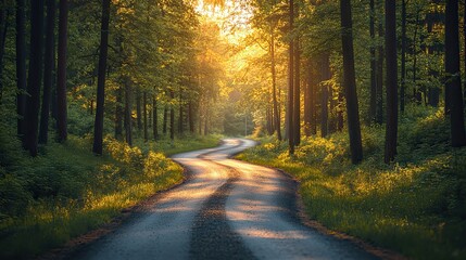 Obraz premium A scenic route winds through a green forest, bathed in summer sunlight.