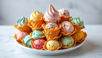 Obraz premium Golden waffle cones stacked high, overflowing with colorful ice cream scoops on a pristine white plate, texture, ice cream cones