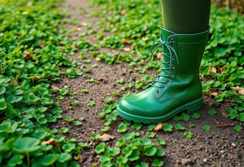 Green boots on clover-covered path, St Patrick's Day celebration, ireland, march