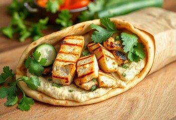 Grilled chicken & hummus pita, cucumber, cilantro; parchment wrap,  image,  deliciousness