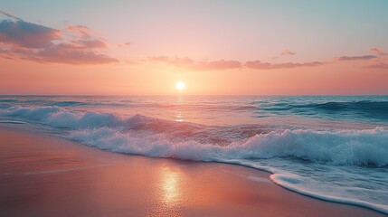 Fototapeta premium A serene, peaceful atmosphere, perfect for backgrounds or travel projects, is created by gentle waves washing onto a sandy beach at pastel sunrise.