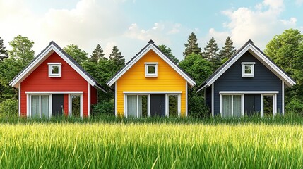 Obraz premium Colorful charming cottages in a grassy field