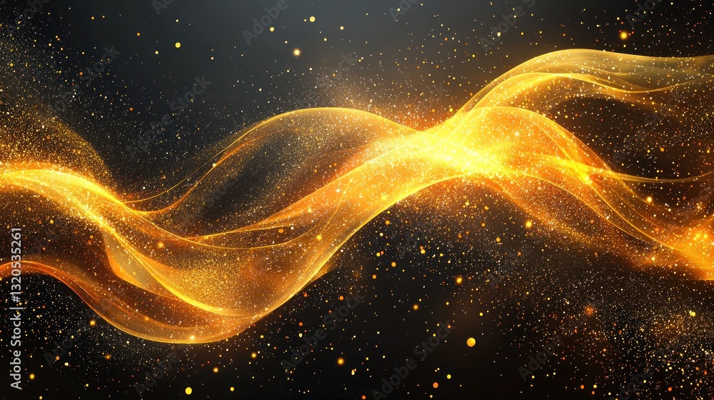 Poster abstract golden light waves shimmering with sparkling particle effects