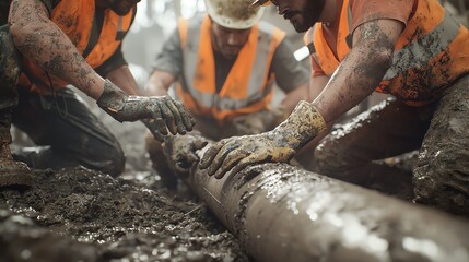 Obraz premium Construction workers repair pipeline in mud.