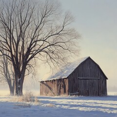 Frost covered barn in early morning