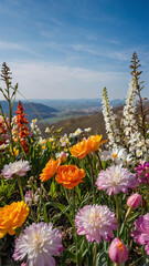Vibrant Spring Flowers Blooming Under a Clear Sky in a Scenic Landscape