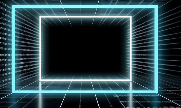 Futuristic empty space, neon light frame, digital code background