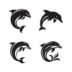 Naklejka premium Dolphin fish black soild silhouette bundle isolated on white background, clip art logo icon set 