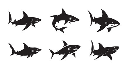 Shark fish black soild silhouette bundle isolated on white background, clip art logo icon set	