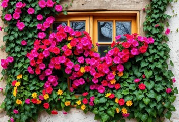Fototapeta premium Ivy climbs a rustic window frame overflowing with vibrant flowers, antique, garden