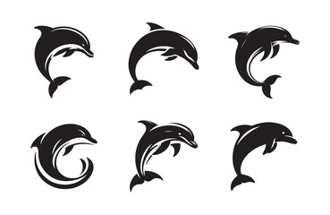 Naklejka premium Dolphin fish black soild silhouette bundle isolated on white background, clip art logo icon set 