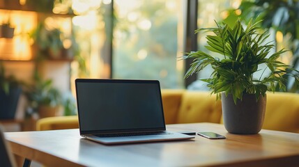 Fototapeta premium A laptop on a wooden table with lush green plants in the background, bathed in natural light from large windows, creating a bright and refreshing workspace.
