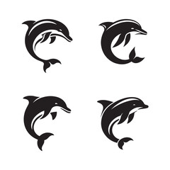 Dolphin fish black soild silhouette bundle isolated on white background, clip art logo icon set	