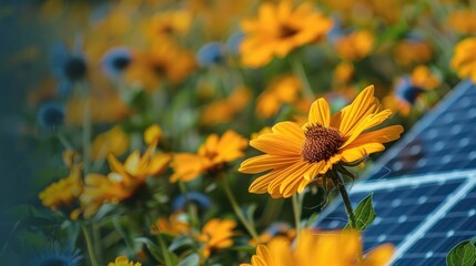 Obraz premium Sunny flowers and solar panel in garden